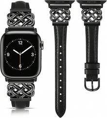 Compatible con correas de Watch para mujeres de 38/40/41/42mm, correa de cuero elegante y delgada con hebilla de nudo celta entrelazado para Series 11 10 9 8 6 5 4 SE 3 2 1, Starlight - Negro/Negro - Ver 12