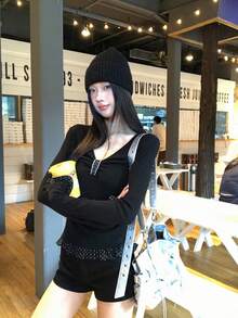 2025年新款女士长袖黑色T恤，高品质设计，初秋时尚上衣 - 黑色 - 查看 2