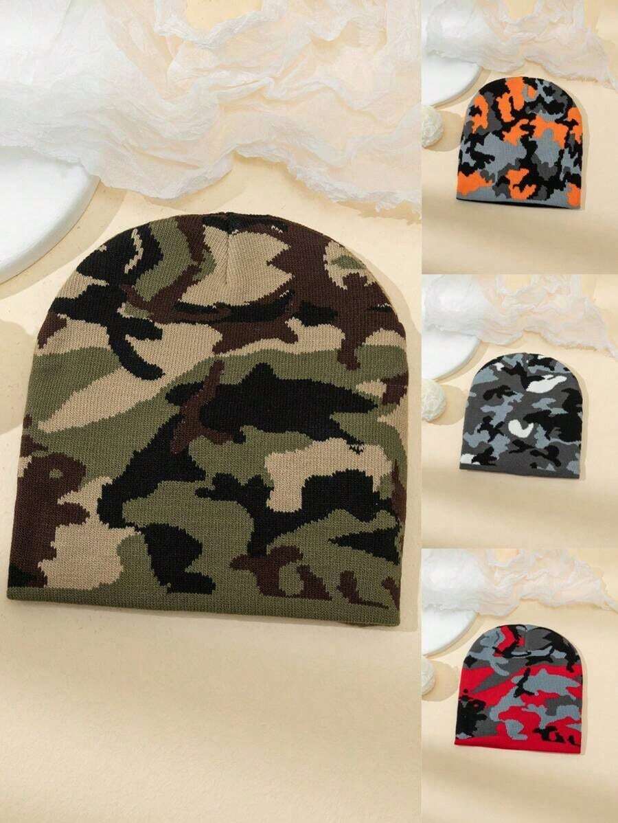1pc Women's Camouflage Knitted Hat, Autumn/Winter Warm Street Style Casual Beanie - 軍綠色 - 查看 1