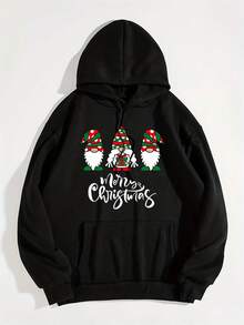 Gnome Fleece-Lined Hoodie - Unisex Black 500g 60% Cotton 40% Polyester (Replaced Purple), Kangaroo Pocket, Long Sleeve Drawstring Hood, Cozy Festive Casual Wear, Winter Essential, Women Men, S-3XL - Black - View 6