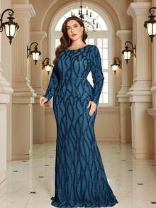 XUIBOL 高品质弹力优雅亮片拼接超修身加大码 V 领晚会鸡尾酒会婚礼周年家庭正式庆典新娘送礼会生日庆祝短袖奢华庄重新娘母亲礼服（重度装饰） - 水鴨藍 - 查看 5