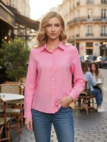 Women's Cotton Linen Blouse Long Sleeves Plus Size - Hồng - Xem 3