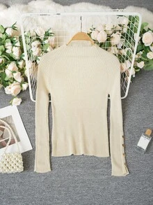 女式卡其色高领毛衣，金属纽扣装饰，温暖针织上衣，适合分层穿着，适合通勤和日常穿着，秋冬 - 米杏色 - 查看 7