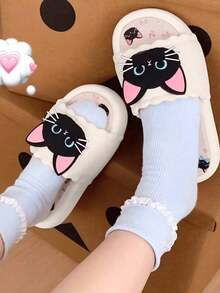 1 đôi dép lê đế mềm kiểu dáng thường ngày, thiết kế hình mèo đen dễ thương, phù hợp cho cả trong nhà và ngoài trời, mùa hè, size nhỏ hơn bình thường. - Màu be - Xem 3