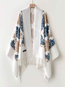 1 件女士秋冬仿羊绒刺绣围巾，厚实保暖流苏刺绣波西米亚风格旅行披肩斗篷