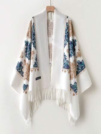 1 pieza Bufanda bordada de estilo bohemio de cachemira sintética para mujer, cálida y gruesa con borlas, chal tipo poncho para viajes