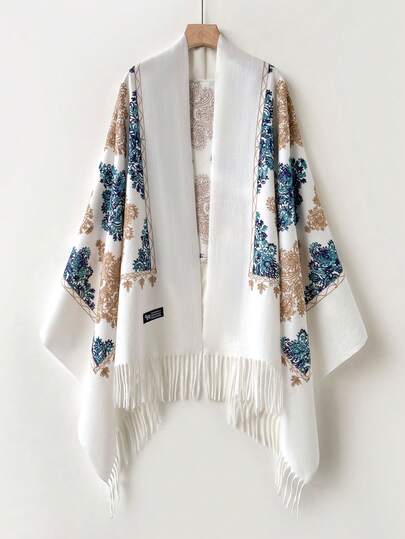 1pc Women's Autumn/Winter Faux Cashmere Embroidered Scarf, Thick Warm Tasseled Embroidered Bohemian Style Travel Shawl Poncho