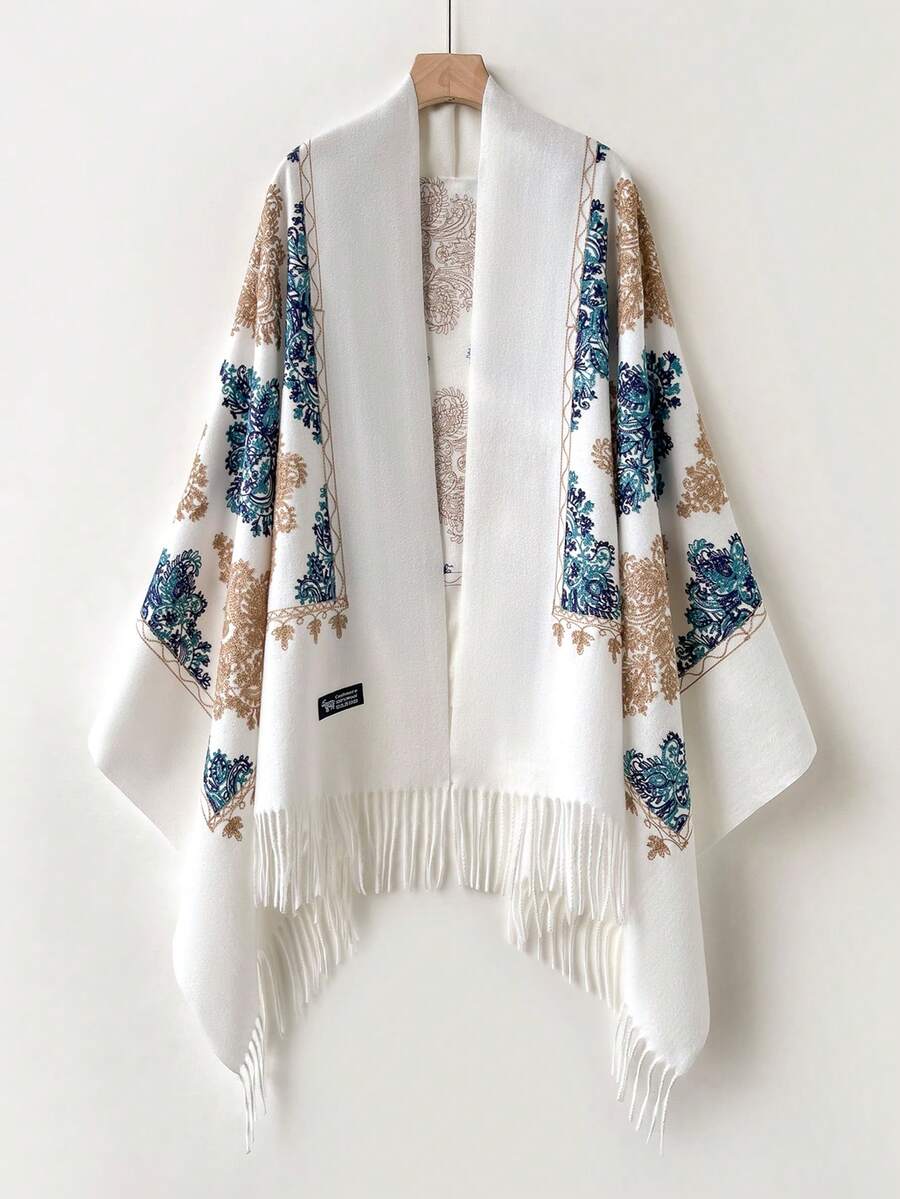 1 件女士秋冬仿羊绒刺绣围巾，厚实保暖流苏刺绣波西米亚风格旅行披肩斗篷