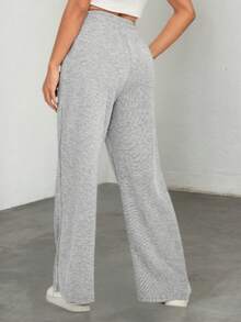 European American Minimalist Style Women's Comfortable Pocket High Waist Elastic Fashion Wide Leg Pants - Grey - View 2