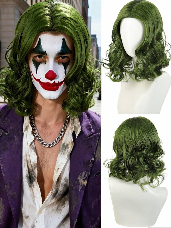 Short Curly Green Clown Wig Halloween Cosplay Costume Curly Wig Heat-Resistant Synthetic Wig