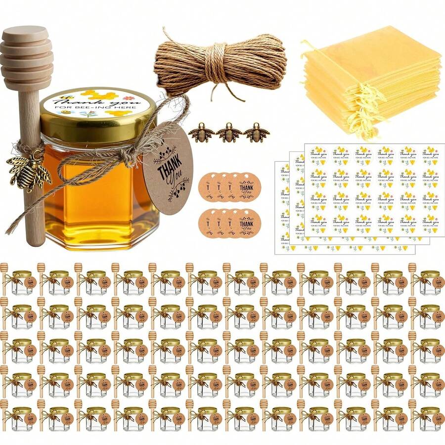 60 Pcs Honey Jar, Glass Honey Pot 1.5oz, Mini Honey Jars With Dipper, Bee Charm, Jutes, Thank-You Card, Gold Gift Bags And Stickers, Perfect For Baby Shower Favors Wedding Favors - Clear - View 1