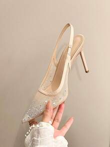 Xin Jing Shoes Giày sandal cao gót nữ mùa xuân/hè mới, kiểu dáng thời trang đa năng, mũi nhọn, chất liệu lưới đính đá, thích hợp cho tiệc cưới, dự tiệc. - Màu Khaki - Xem 12