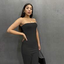 Elegante vestido largo ajustado sin mangas y sin tirantes para mujer, estilo casual liso y ajustado. - Negro - Ver 1