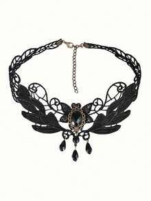 1pc Women's Gothic Palace Style Black Lace Crystal Choker Necklace, Fashion Collarbone Chain