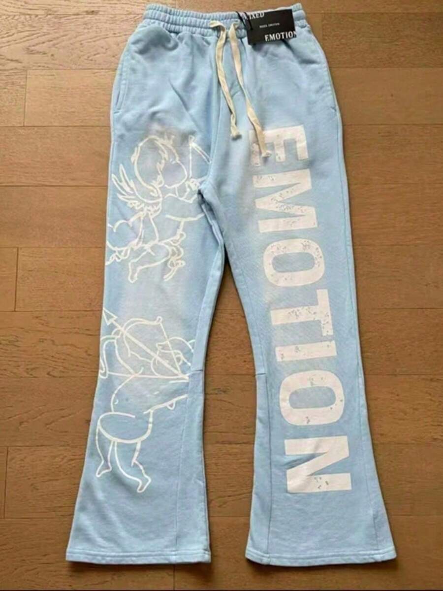 Men's Streetwear Y2K Angel Graffiti Sweatpants Relaxed Drawstring Wide-Leg Pants Retro High-Street Style - 湖藍色 - 查看 1