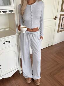 GAOVOT 2pcs Women Casual Cute Long Sleeve Cardigan Jacket And Loose Straight Pants Set - White Flower Gray - View 6