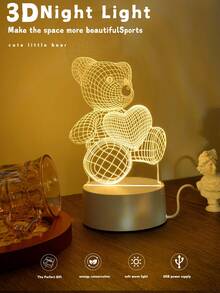 1入組3D心形泰迪熊亞克力夜燈＆LED暖白色燈，家居裝飾夜燈，適用於臥室，書房，客廳等場景 - 黃色 - 查看 2