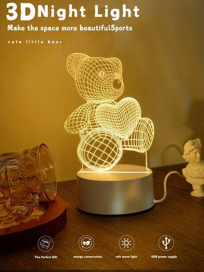 1pc 3D Heart Teddy Bear Acrylic Night Light & LED Warm Light Home Decor Night Lamp, Suitable For Bedroom, Study, Living Room And Other Scenes