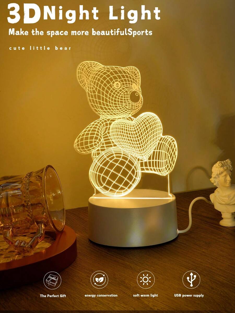 1入組3D心形泰迪熊亞克力夜燈＆LED暖白色燈，家居裝飾夜燈，適用於臥室，書房，客廳等場景