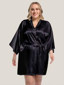 1pc Plus Size Customized Bridesmaid Robe With "Bride's Team" And Glitter Foil Print - Black - View 5