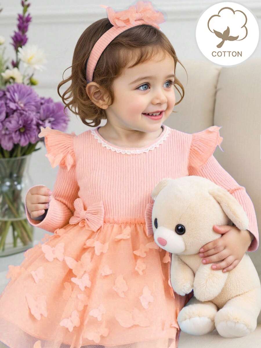 Newborn Baby Girls Spring & Autumn Pink Long Sleeve Lace & Butterfly Mesh Contrast Dress Set Beautiful Princess For Party - Pink - View 1