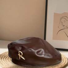 Women Beret Hat, Elegant PU Leather Alphabet Soft Warm Painters Cap Artist Hat For Fall Winter - 棕色 - 查看 5