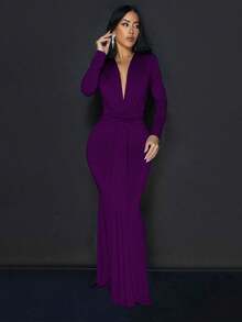 Women's Solid Color Deep V-Neck Twist Design Long Sleeve Cocktail Dress Wedding Spring Party - Purple - View 5