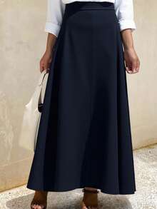 Livesso 拉链后背纯色喇叭裙，女士休闲拉链长款宽松自然藏蓝色纯色女裙，春秋季，休闲日常穿着 - 藏蓝色 - 查看 1