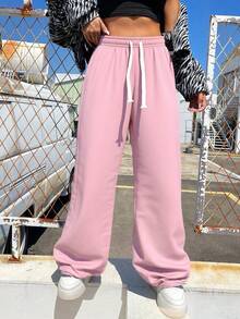 2条装女士休闲百搭舒适透气直筒裤，粉色简约运动裤