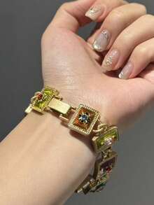 Conjunto de joyería vintage con acabado envejecido de collar y pulsera de cobre chapado en oro de 18K con diseño geométrico cuadrado de esmalte en relieve, accesorios para bodas