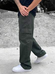 Ondway Men's Dark Green Cargo Pants With Drawstring Waist And Slight Stretch Long Loose Casual Trousers Streetwear Skateboard Unisex - 墨綠色 - 查看 4