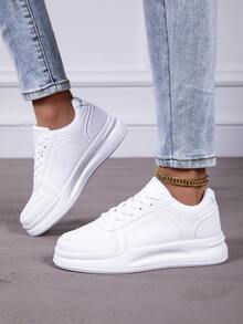 女士休闲运动鞋，白色，防滑软底，轻便，小白鞋，情侣款，厚底，圆头，系带，女鞋尺码最大至43/44/45 - 白色 - 查看 5