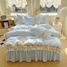 Chic Flowers Lace Bedding Set,3 Piece French Princess Style Comforter Duvet Cover Set(1 Queen Duvet Cover 90x90 Inch, 2 Pillowcases) Aesthetic Bedding For Romantic French Wedding,24328431 - Grey Blue - 查看 5