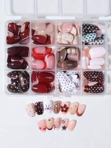 288pcs/Box (12 Mixed) Short Oval Flower Polka Dot Bow French Design Tips Press On Nails Perfect Fit Acrylic False Nails Set,Nails In Autumn And Winter, Suitable For Women And Girls Daily Life And Party Use