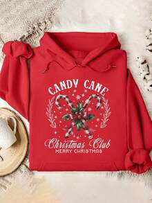 Plus Size Women's Beach Candy Cane With Holly, "CANDY CANE", "Christmas Club" And "MERRY CHRISTMAS" Text Pattern Hooded Long Sleeves Casual Spring/Summer/Fall Women's Plus-Size Long-Sleeved Sweatshirt Thanksgiving Day Going Out Tops Women, Vacation Outfits Women - Red - View 5