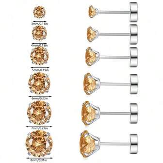 12pcs Women's Zirconia Stud Earrings Set, 6 Pairs, Hypoallergenic (Men/Couples) Stainless Steel Earrings, 9 Colors Available, Essential For Women's Autumn/Winter Outfits, Suitable As Gifts For Girlfriend, Mother, Birthday, Party, Etc.