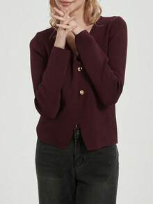 Áo len dài tay cổ chữ V tay dài Se-Helo dành cho nữ, kiểu dáng tối giản, thanh lịch, thích hợp cho công sở/học sinh, trang trí cúc kim loại, kiểu dáng ôm sát, đa năng, thích hợp cho mùa thu/đông. - Màu đỏ tím - Xem 3