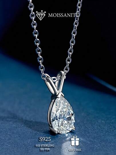 قلادة موسانيت بقطع الكمثرى 3 قيراط للنساء، قلادة بسيطة من الفضة الخالصة 925 بشكل قطرة ماء للزفاف والخطوبة، قلادة عالية الجودة للنساء، تناسب فساتين الزفاف والسهرة