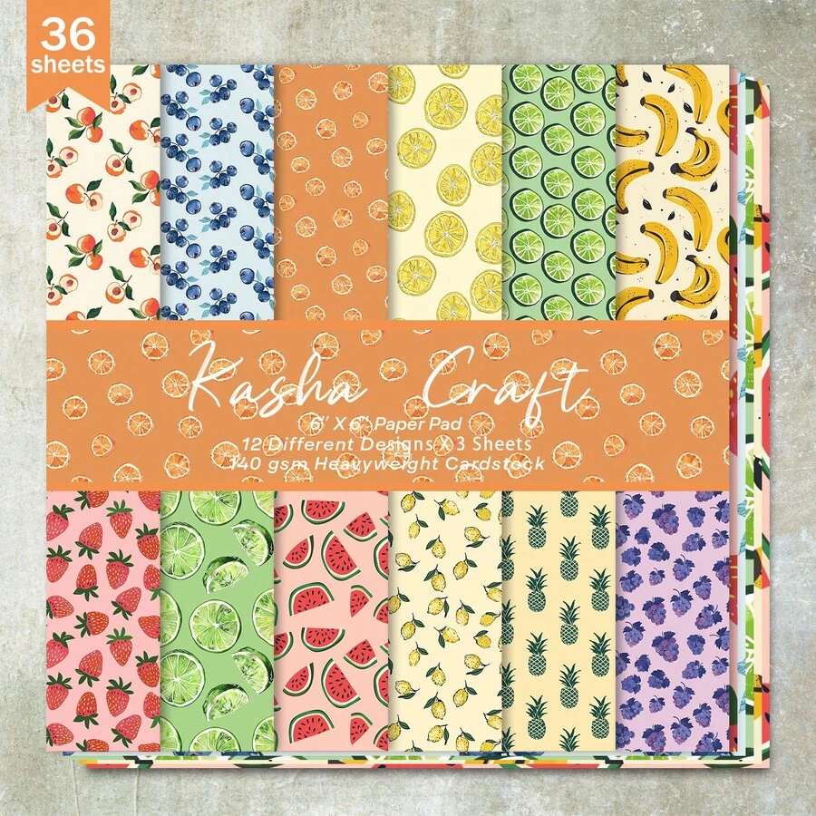 36 Sheets 6inch Fresh Fruit Theme Scrapbooking Paper, Suitable For Bullet Journals, Collages, Greeting Cards, Photo Albums And Crafts - Multicolor - View 1