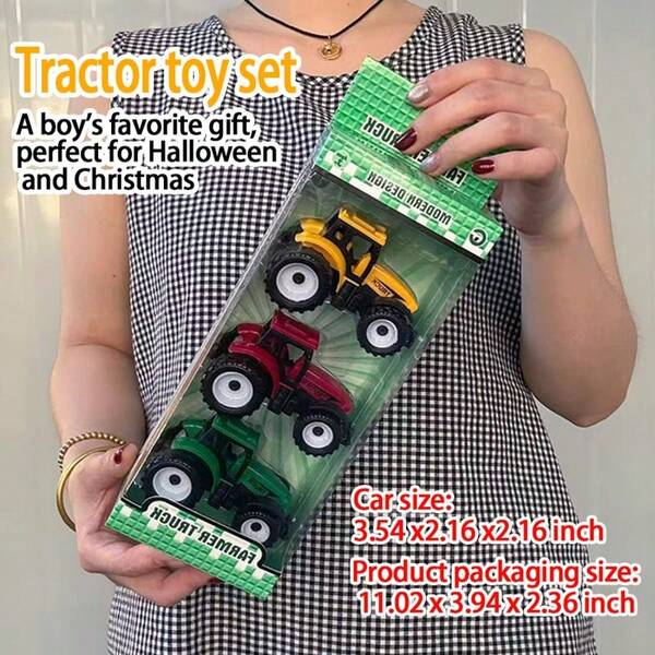 3pcs/Set Children's Toy Tractor Vehicles With Bounce Back Function, Suitable For 3-6-9 Years Old Boys, Great Gift For Christmas, Halloween