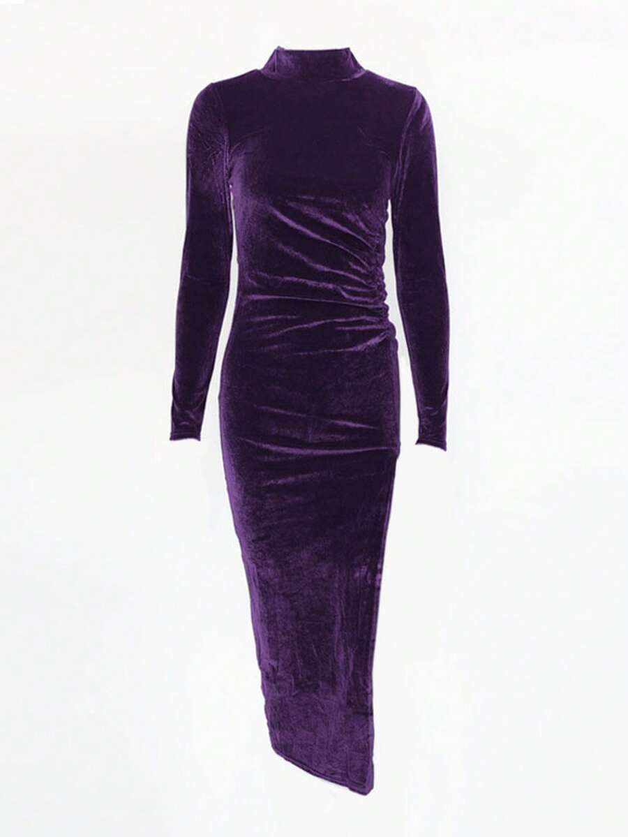 时尚性感高领长袖褶皱开衩连衣裙、婚礼宾客礼服、派对鸡尾酒会礼服