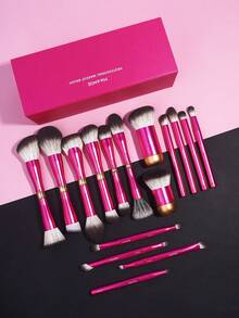 MAANGE 1/13/16/18件套铝管化妆刷套装，带收纳盒，包含粉底刷、腮红刷、散粉刷、修容刷、高光刷、眼影刷、遮瑕刷和鼻影刷，女士旅行化妆工具礼盒套装 - 玫紅色 - 查看 8