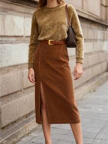 EARO Autumn/Winter Casual Versatile Street Corduroy High Waist Elastic Waist A-Line Skirt, Fashionable Elegant Design, Knee-Length