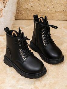 1 Pair Matte Black Mid-Calf Children's Boots, Solid Color Girls' Princess Short Boots, Non-Slip Rubber Soft Sole Increased Height, Gold Eyelets Front Lace-Up Side Zipper Round Toe Soft PU, Suitable For 3-15 Years Old Boys & Girls, Casual, School, Holiday, Travel, Party, Autumn/Winter 2025 New Arrival - Black - View 5