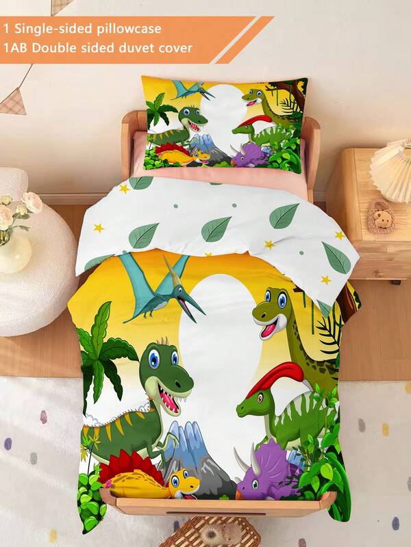 2 Stücke Dinosaurier Dschungel Themen Kinderbettwäsche Zweiteiler Set, 3D Bedruckte Bettwäsche Set (1 einseitig bedruckter Kissenbezug + 1 beidseitig bedruckter Bettbezug), Set für Kinderzimmer/Kindergarten, digital bedruckter süßer Muster Bettbezug, Kinderbettwäsche für Kleinkind, Babys, Säuglinge, Kinder. Der Kissenbezug ist einseitig Muster und misst 33 * 45cm