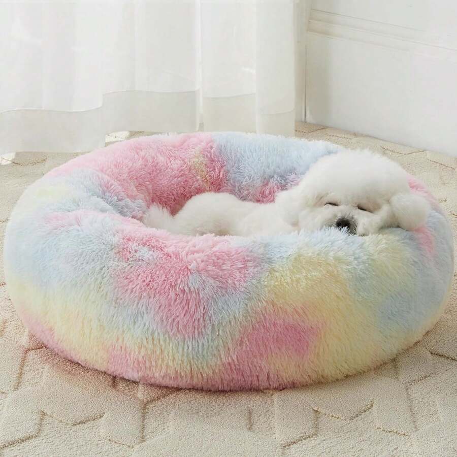Cozy Self-Warming Faux Fur Donut Cuddler Round Plush Pet Bed (20 X 20 X 8 Inch, Light Pink) - Cầu vồng - Xem 1
