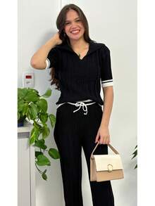 Modal Knit Suit With Wide Leg Pants And Short Sleeve Polo Neck Top Color Block Striped Pocket Zipper Drawstring - màu đen - Xem 3