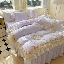 Flower Lace Ruffled Bedding Set- Sweet Girl Chiffon Ruffles Duvet Cover Set- 3PC(1 Full Duvet Cover 80x90 Inch, 2 Pillowcases) Aesthetic Bedding For Romantic French Wedding,24328437 - Grayish Purple - Xem 5