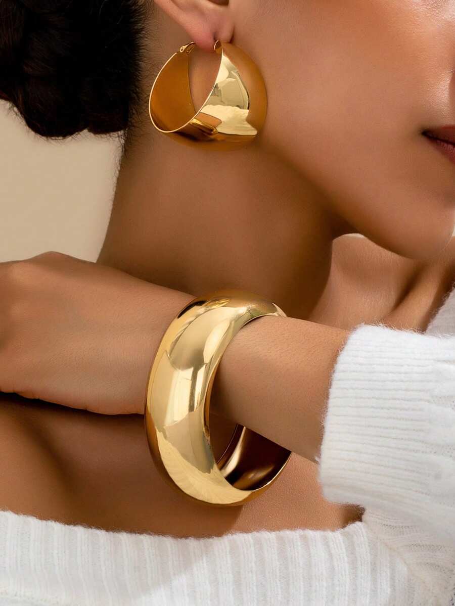 3 Stücke geometrisches minimalistisches breites Gesicht Mode übertriebenes personalisiertes Armband & Ohrring Set