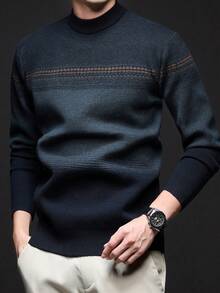 Men Striped Crew Neck Casual Minimalist Design Thick Knit Sweater, Winter, Long Sleeve Top